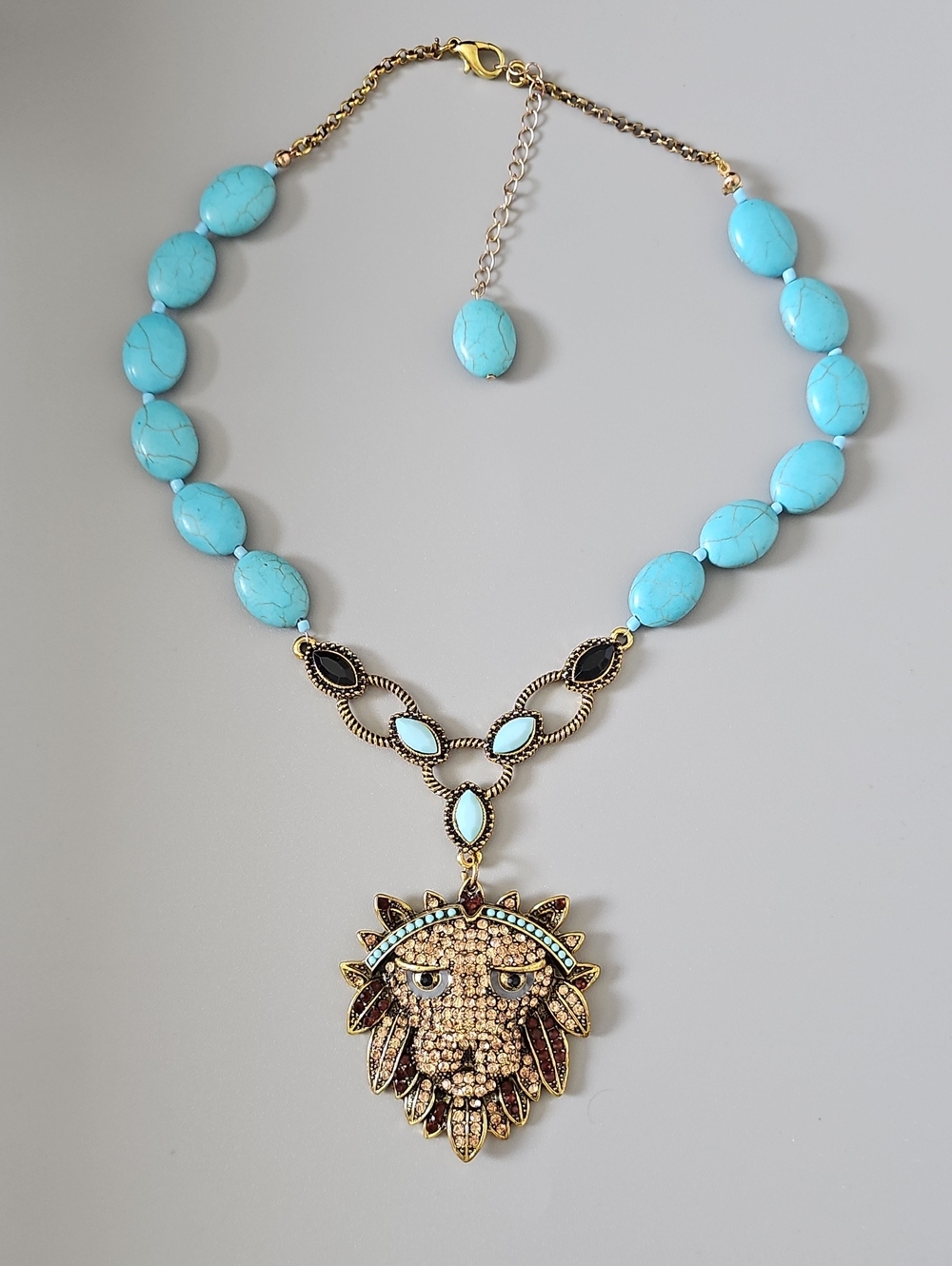 Rhinestone Pave Fashion Tribal Lions Head Necklace